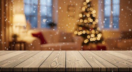 Wooden table with blurred christmas tree and bokeh lights in living room
