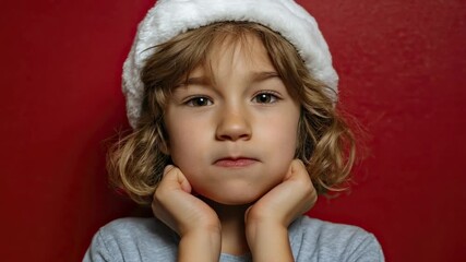 A young child with brown hair and brown eyes wears a white fluffy hat looking forward Their hands are placed under their chin against a red background - Powered by Adobe