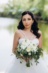 bride against the background of a yellow sunset
