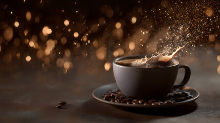 Fototapeta premium Modern branding concept with coffee cup and beans.Stylish coffee flat lay for cafe brand identity