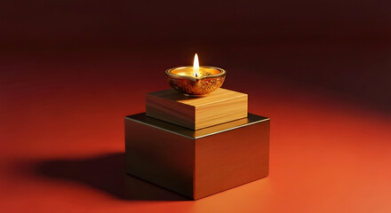 Golden bright Diwali festival oil lamp on a wooden podium