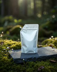 White blank stand-up pouch on stone in forest environment