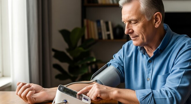 An older man in a blue shirt is carefully monitoring his blood pressure at home using a digital device on his arm.