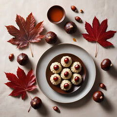 Delicious autumn treats with maple leaves, chestnuts, and a warm drink,