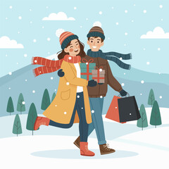 A couple in love is shopping together in winter. WInter Season December Sale Illustration