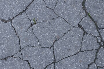 Old cracked gray asphalt — textured background with visible cracks and wear, perfect for urban, industrial, or grunge-themed designs and presentations.