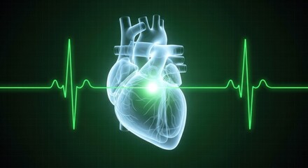 A transparent heart with a green heartbeat line on a black background.
