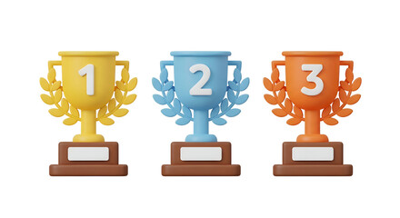 First, second, and third place trophies with laurel wreaths, isolated on transparent background
