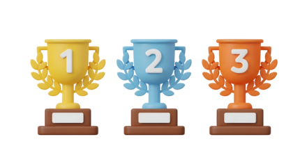 First, second, and third place trophies with laurel wreaths, isolated on transparent background