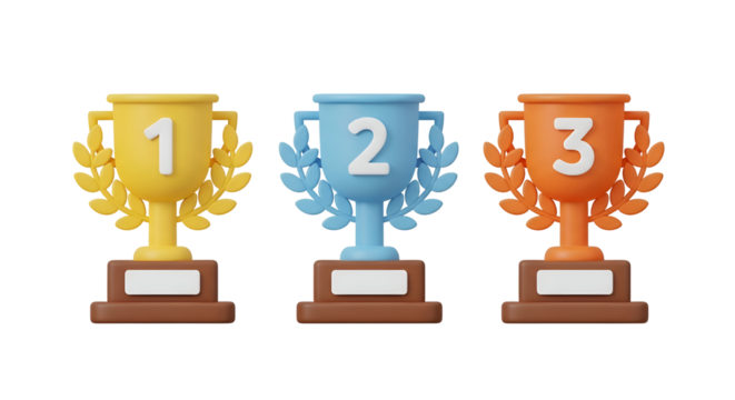 First, second, and third place trophies with laurel wreaths, isolated on transparent background