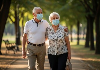 Elderly couple wearing protective face masks walking arm-in-arm through a sunny park.