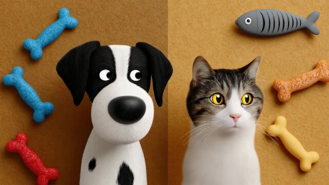 Playful cartoon dog and cat duo surrounded by colorful bones and fish on cardboard background