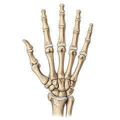 Detailed illustration of human skeleton hand bones isolated on white background, showing bone anatomy for medical