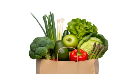 Bag of fresh groceries including fruits and vegetables, isolated on transparent background