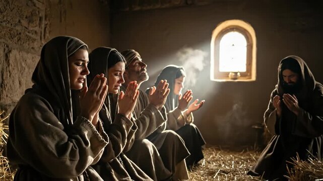 Women and men in prayer, crying with hope for biblical healing in ancient times, first christian worship, footage