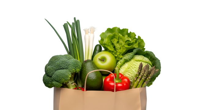 Bag of fresh groceries including fruits and vegetables, isolated on transparent background