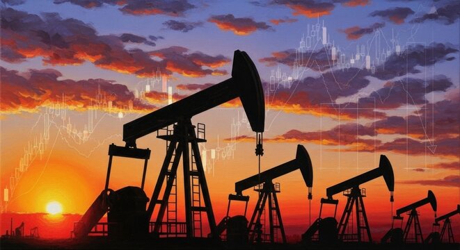 Oil pumps against a sunset sky with financial charts in the background.
