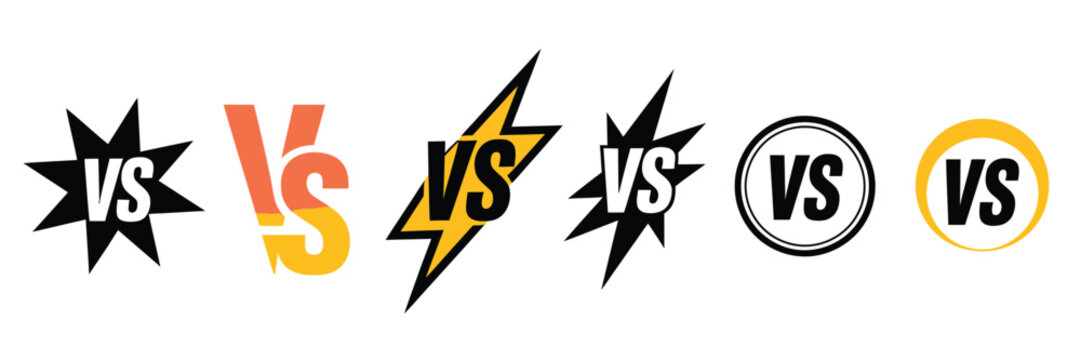 Gaming and Sports VS Logo Vector Set &ndash; 6 Versus Battle Icons Featuring Lightning, Circular, and Starburst Designs on White Background
