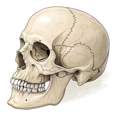 Detailed illustration of human skull view isolated on white background, showing bone structure for medical
