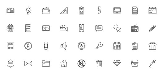 Essentials_4803 icon set. Minimal vector icons pack.Includes Bookmark, Bulb, Wllet, Laptop, Email, Settigs, Gift, Calendar and mor. Editable stroke. © wang
