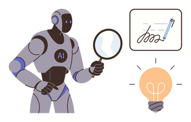AI robot examines a signature using a magnifying glass while generating a bright idea, symbolized by a glowing light bulb. Ideal for innovation, AI tools, automation, creativity, critical thinking