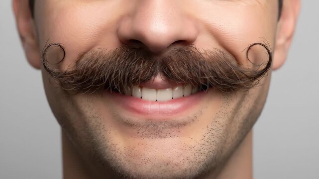 Close up eines Mannes mit gezwirbeltem Schnurrbart, der langsam l&auml;chelt