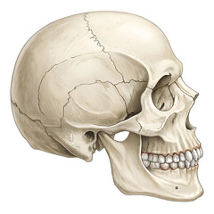 Detailed illustration of human skull view isolated on white background, showing bone structure for medical