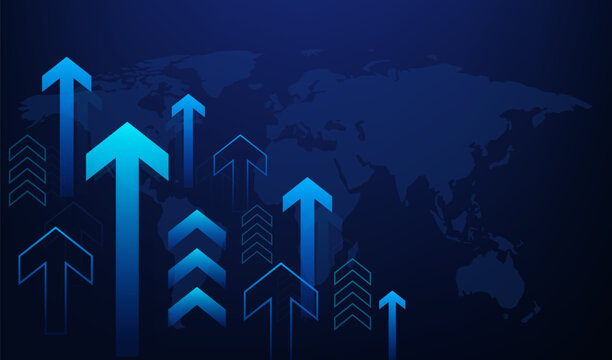 Business arrow up growth Investment technologies, finance and investment profit growth on map technology. Trading stock increase on blue background. Fantastic hi-tech design. Vector illustration