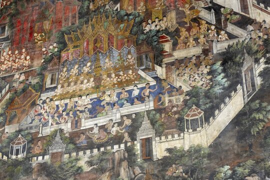Exquisite wall paintings, interior view of Phra Ubosot or ordination hall, Wat Suthat Thepwararam, Royal Temple, Phra Nakhon, Bangkok, Thailand
