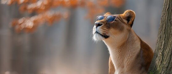 Lioness wearing sunglasses enjoys a sunny day while resting against a tree in a serene outdoor setting surrounded by autumn colors