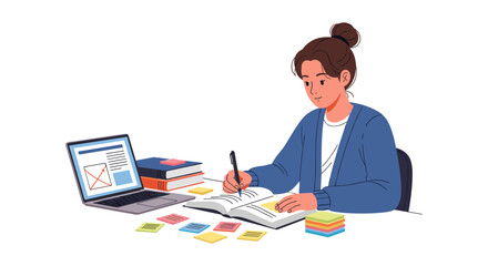 Young woman studying with laptop and books in cozy workspace