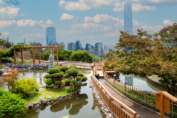 Fototapeta premium Santiago, Chile, 01/08/2020. Japanese garden in San Cristóbal hill, a typical garden with a large lily pond, traditional Japanese structures, and used in ceremonial events.