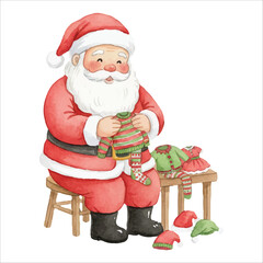 Santa Doing Laundry and Folding Clothes Watercolor Vector
