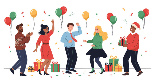 Festive party celebration with diverse people, balloons, and gifts