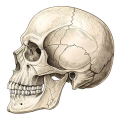 Detailed illustration of human skull view isolated on white background, showing bone structure for medical