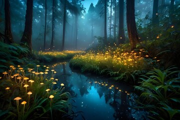 Obraz premium Enchanted forest and glowing yellow mushrooms