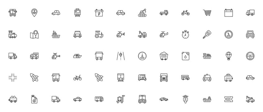 Transportation icon set. Vector transport symbols colection. Includes bus, car train, truck, bicycle, shp, helicopter, rocket, gps and more. Editable stroke