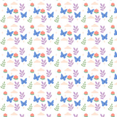 Seamless pastel spring pattern featuring blue butterflies, green leaves, purple branches, peach flowers, and soft clouds, creating a cheerful and gentle nature-inspired design.