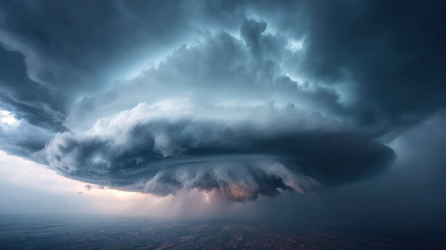 Supercell thunderstorm with dark storm cloud and lightning over flat landscape creating dramatic severe weather scene
