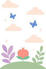   Minimalist flat  llustration of a spring meadow with butterflies, pastel plants, and soft clouds on a white background, conveying a light, cheerful, and peaceful atmosphere ideal f