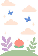  Minimalist flat  illustration of a spring meadow with butterflies, pastel plants, and soft clouds on a white background, conveying a light, cheerful, and peaceful atmosphere i