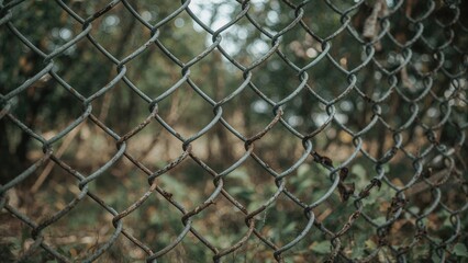 Fototapeta premium Chain link metal fence with blur outdoor background