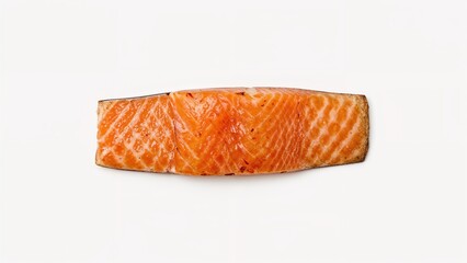 Sliced grilled salmon, top view, flat lay, isolated on white backdrop.