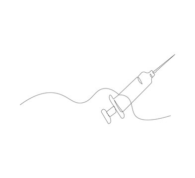 Continuous one line drawing of a syringe.white background, Illustration of a single line drawing of a medical syringe. Medical health, anti virus concept in one line. Editable outline