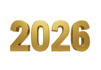 Isolated 2026 golden three-dimensional rendering reflecting prosperity, achievement, and progress