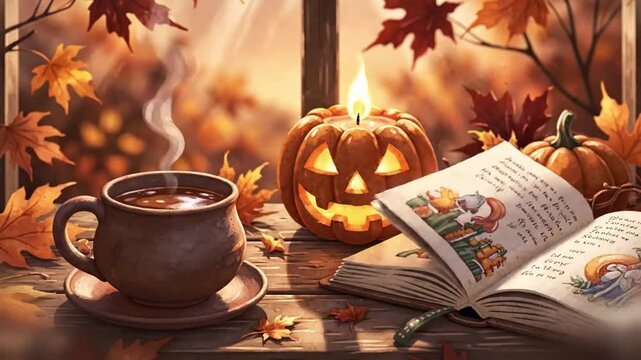 cozy tabletop vignette in cel painted style showing tea, a pumpkin candle and an open book, slow shifting shadows for a refined seasonal mood