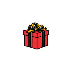 Illustration of a red gift box with a yellow ribbon and bow, outlined in black, on a white background.