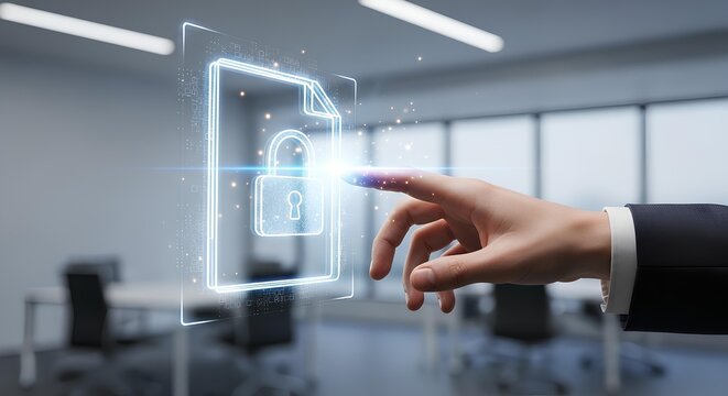 A hand touches a digital document icon with a padlock, symbolizing data protection and cybersecurity in a modern office environment.