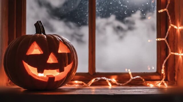 dreamy pastel orange scene of a pumpkin sitting on a windowsill with fairy lights, camera slowly panning as fog drifts outside in watercolor tones