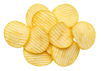 Isolated pile of delicious, crispy, savory potato chips, snack food for lunch or dinner